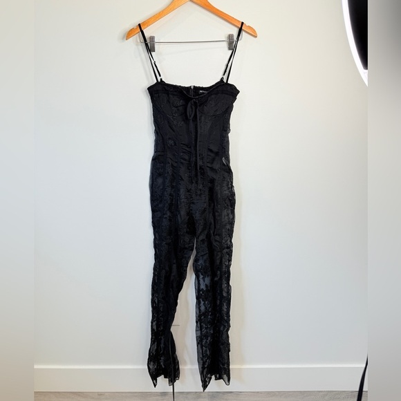 PrettyLittleThing Black Lace Binding Detail Strappy Sheer Jumpsuit - Picture 3 of 10
